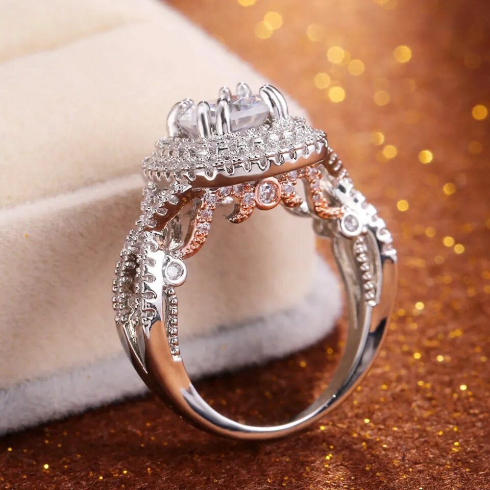 Exqusite Silver & Rose Gold Halo Ring